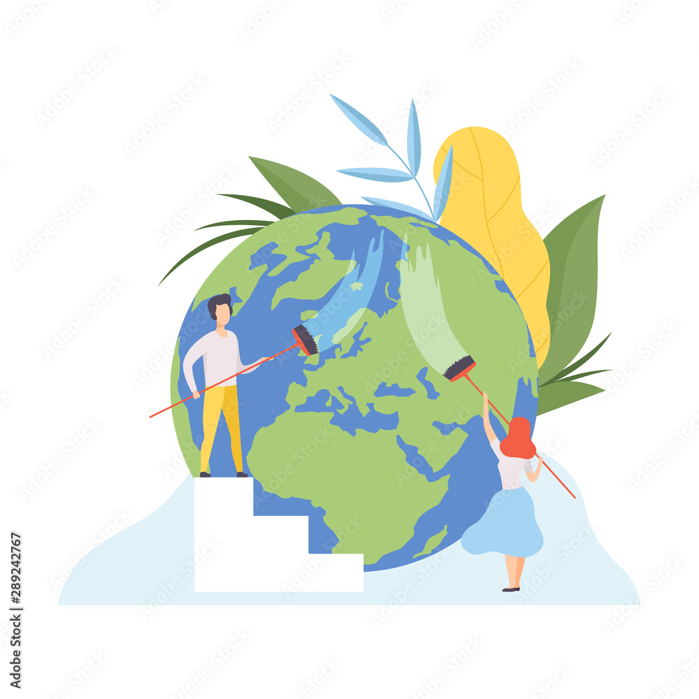 Sticker People Cleaning the Earth Planet with Brushes, Volunteers Taking Care About Planet Ecology, Environment, Nature Protection Flat Vector Illustration