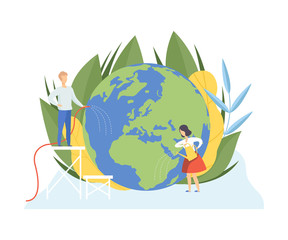 People Watering Earth Planet with Watering Can and Hose, Volunteers Taking Care About Planet Ecology, Environment, Nature Protection Flat Vector Illustration
