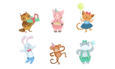 Glasschilderij Dieren met ballon Verzameling van schattige gelukkige dieren voor gelukkige verjaardagsontwerp, konijn, aap, nijlpaard, uil, varken, kat vectorillustratie