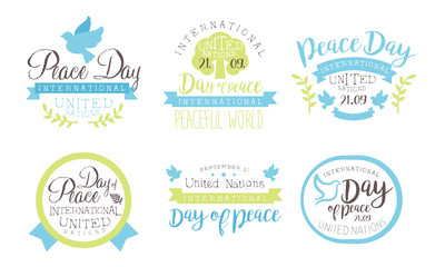 International Peace Day, United Nations Templates Set, Peaceful World Hand Drawn Badges Vector Illustration
