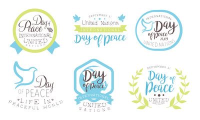 International Day of Peace, Life in Peaceful World Templates Set, United Nations Hand Drawn Badges Vector Illustration