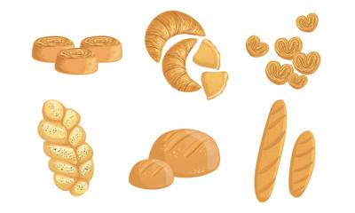 Bakery Products Set, Bread, Baguette, Loaf, Hala Vector Illustration