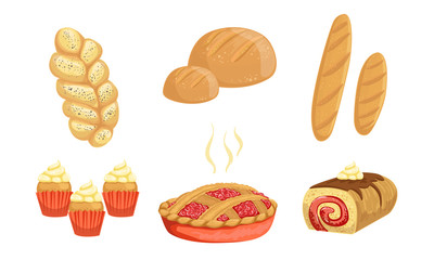 Bakery Products Set, Bread, Loaf, Hala, Cupcake, Pie, Roll Vector Illustration