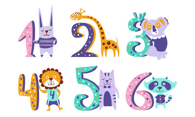 Cute Kids Anniversary Numbers with Animals, Rabbit, Giraffe, Koala, Lion, Cat, Raccoon Vector Illustration