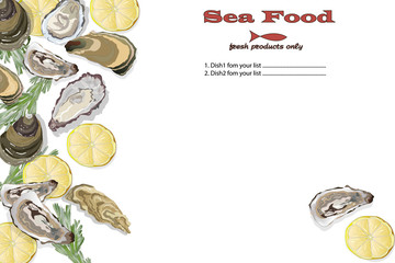 Cooked seafood on top view. Seafood vector illustration. Logo design .