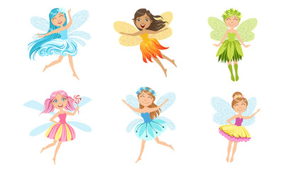 Fototapeta na wymiar Adorable Little Fairies in Colorful Dresses with Wings Set, Smiling Beautiful Girls in Fairy or Elf Costumes Vector Illustration