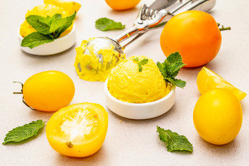Yellow tomato ice cream, sorbet, gelato