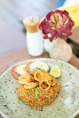Spicy fried rice with herb and seafood (tom yum fried rice),thai food concept