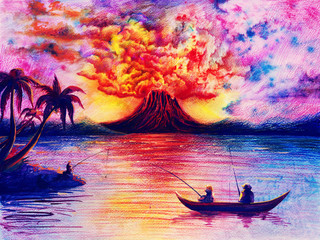 Watercolor landscape with volcano, lava and smoke, colorful sky, dark silhouette of palm trees, people on river, sea, ocean, abstract artwork, bright painting, gouache and colored pencils