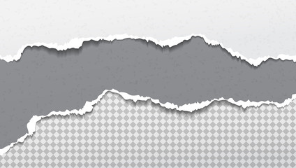 Set of torn, ripped white and grey paper strips with soft shadow are on squared background. Vector template illustration