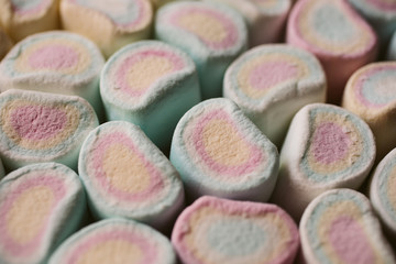 Colorful marshmallows candy close up view as texture and background. 