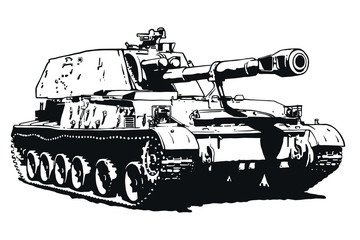Tank vector isolated illustration. Military machine logotype. Black and white icon.