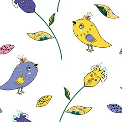 Seamless pattern with contour birds and tulips in doodling style on the transparent background