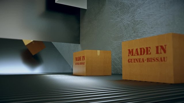 Made in guinea-bissau. Shipping and Moving Boxes with stamp guinea-bissau move on roller conveyor