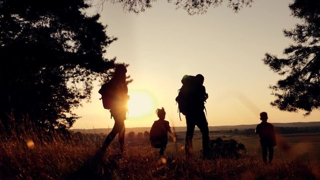 A happy family. Family travel and hiking through the forests at sunset. Walking in the open air, teamwork. Healthy lifestyle concept