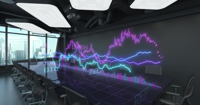 Animated Charts Financial Stats on Table in Office Interior. Cryptocurrency Bitcoin Exchange trading Gambling concept 4K video. 10 sec intro and 10 sec loop 3D rendering.