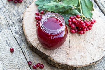 Glass jar of homemade viburnum jam with fresh viburnum berries on a wooden table. Source of natural vitamins. Used in folk medicine.