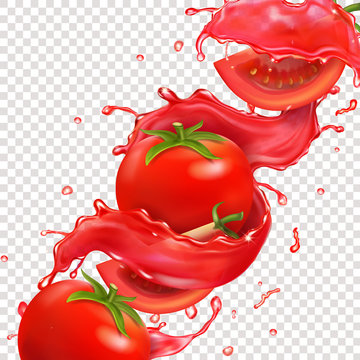 Red tomato fruit in tomato juice spash realistic vector