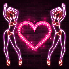 Shiny heart banner advertisement with neon silhouette of sexy girl figure, woman silhouette, vector illustration