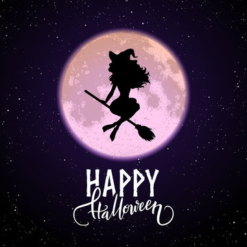 Witch woman flying on the broom on night sky background, full moon, Halloween postcard, vector illustration