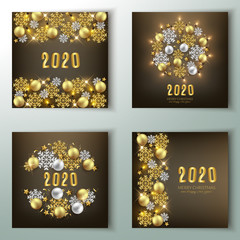 Fototapeta na wymiar Set of Merry Christmas and Happy New Year decorative banners, shiny baubles glitter on snowflakes background, vector illustration
