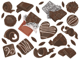 Chocolate shavings and pieces doodle set. Vector illustration design.
