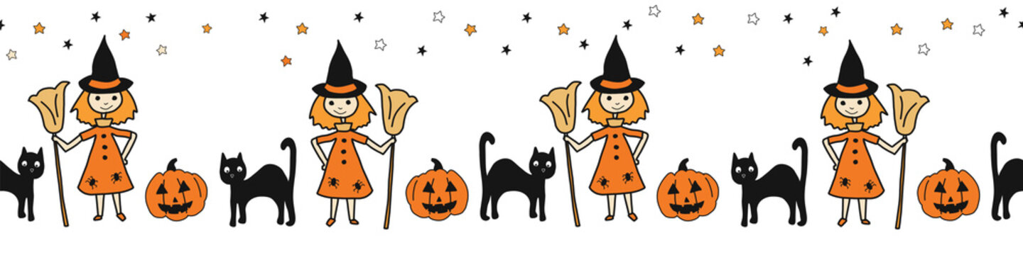 Halloween seamless vector border witch black cat and pumpkin. Repeating border cute hand drawn illustration for kids party decor, ribbons, banners, invitations, scrap booking, digital paper, cards
