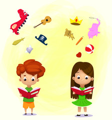 Boy and girl reading a book and objects flying out