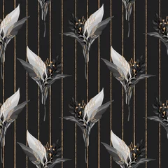 Gordijnen Monochroom naadloos patroon met bladeren en strepen. Achtergrond voor inpakpapier, kunst aan de muur © Gribanessa