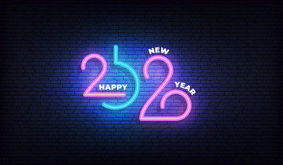 2020 Happy New Year neon sign. Glowing 2020 New Year typography design template