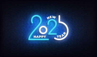 2020 New Year neon sign. Glowing 2020 Happy New Year typography design template