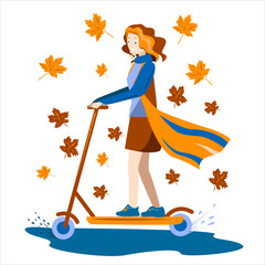 girl autumn rides a scooter