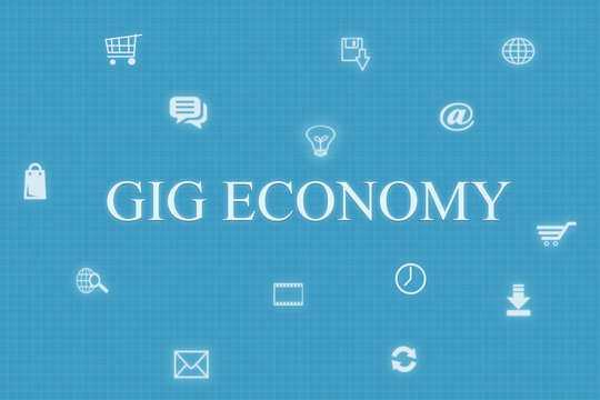 Concept of Gig economy and technology on blue background.