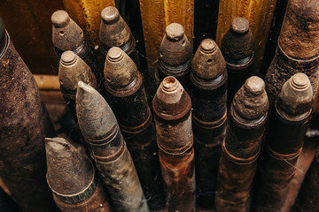 Old military shells closeup. Weapons of world war II
