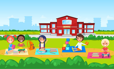 Obraz na płótnie Canvas Children sitting on blankets vector, school elementary institution, kindergarten for kids. Boy and girls playing with cubes, education and development. Back to school concept. Flat cartoon