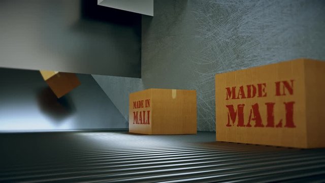 Made in mali. Shipping and Moving Boxes with stamp mali move on roller conveyor