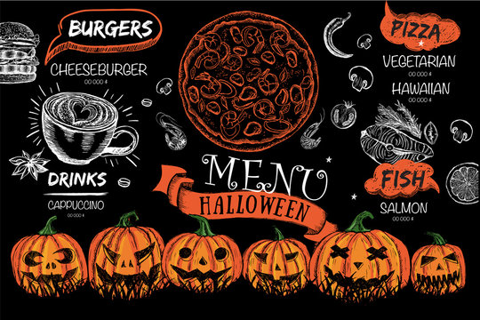Halloween menu. Design template. Hand drawn illustration. 