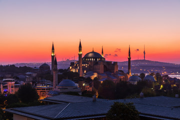 Fototapeta na wymiar Hagia Sophia in Istanbul, colorful sunset view