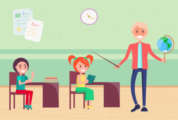 Kids sitting by desk listening to teacher vector, man holding globe showing continents and oceans. School education elementary learning subjects lesson. Back to school concept. Flat cartoon