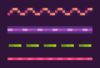 Set of colorful lines on purple, neon dotted and wavy-line, shooting element of space pixel game, shiny laser collection, squared light or burst vector, pixelated cosmic object for mobile app games