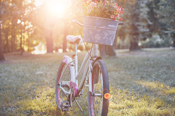Retro bicycle with a basket full of flowers.