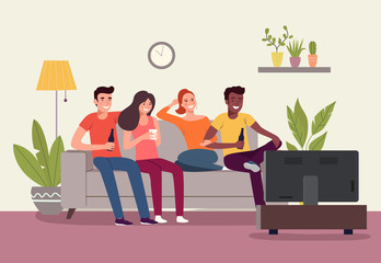 Young women, men sitting on sofa and watching TV in the living room. Vector flat style illustration
