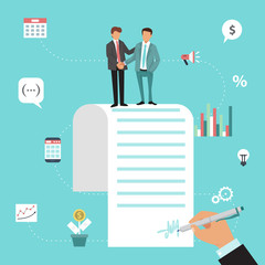 Two businessmen are shaking hands after agreement contract. Hand signs a contract. Two business men are standing at the top of contract vector illustration.