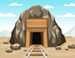 Gold mine entrance with rails in the rock. Tunnel shaft with wooden supports. Vector illustration.