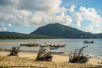Beautiful sea with long tail boats in southern Phuket.