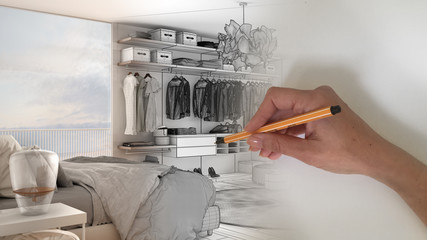 Architect interior designer concept: hand drawing a design interior project while the space becomes real, modern white and wooden bedroom with double bed and walk-in closet