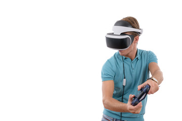 Caucasian young boy playing with reality glasses and virtual console controller dressed in a blue polo shirt isolated in white background