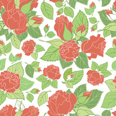 Terracotta roses vector seamless pattern background with vintage look flowers and green leaves is perfect for floral bedding, home decor, textile, scrapbooking and garden projects