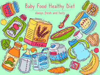 Healthy baby diet banner vector illustration. First meal for babies. Baby puree jars, sippy cups, drink bottles and boxes with porridge.