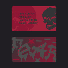 Underground rock club business card design, vector illustration. Stylized skull on red background, tattoo studio, escape room quest, metal rock music band